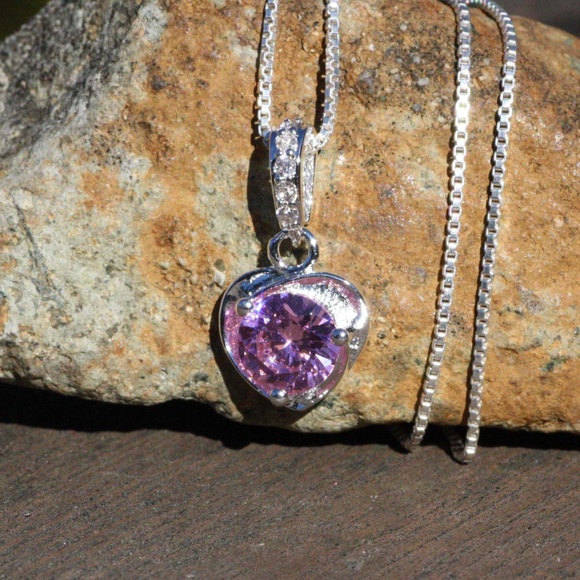 Pink Cubic Zirconia Heart Pendant Sterling Silver 925 , Pendant only no Chain - Picture 6 of 6